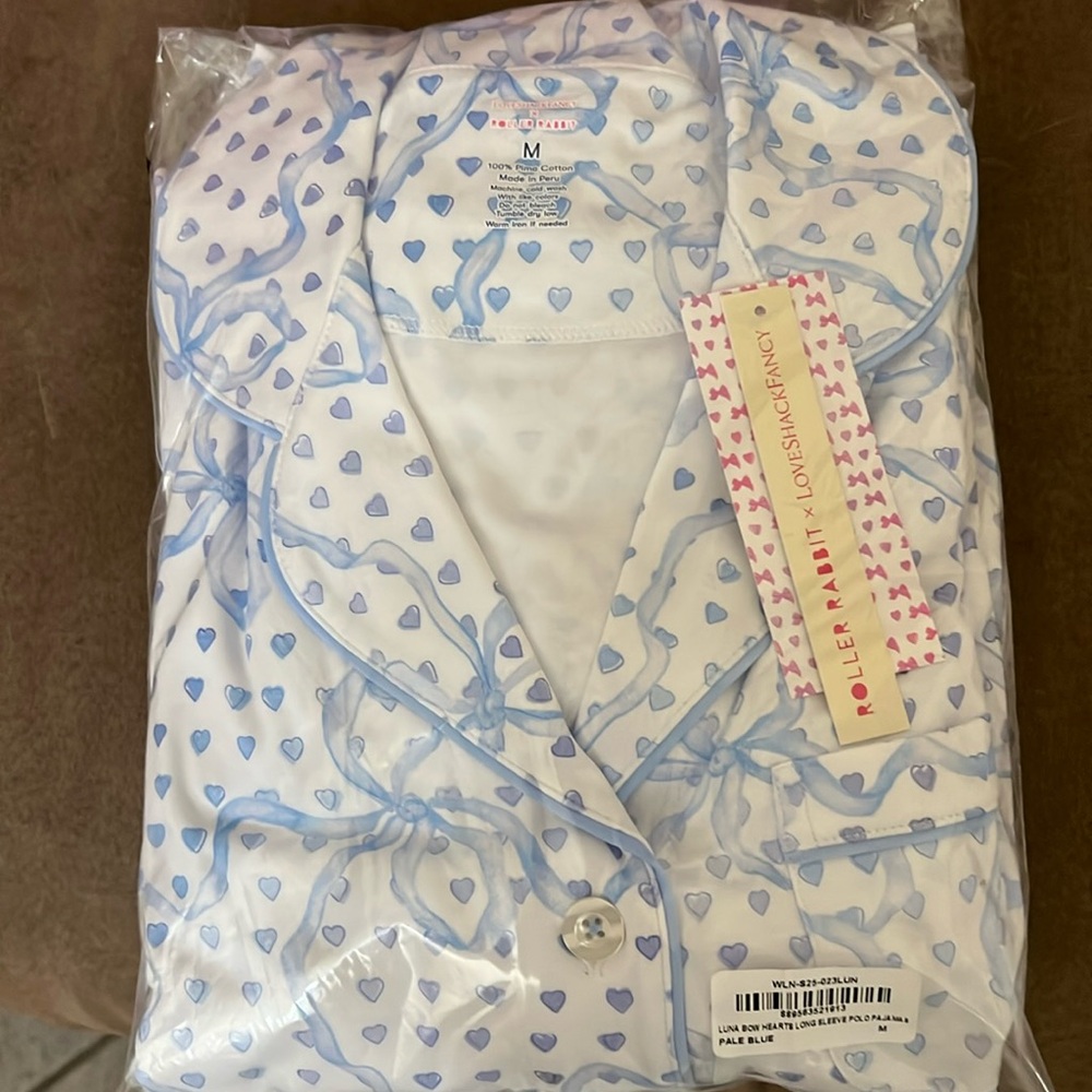 LoveShackFancy x Roller Rabbit Luna Bow Hearts, Long Sleeve Polo Pajamas, Medium